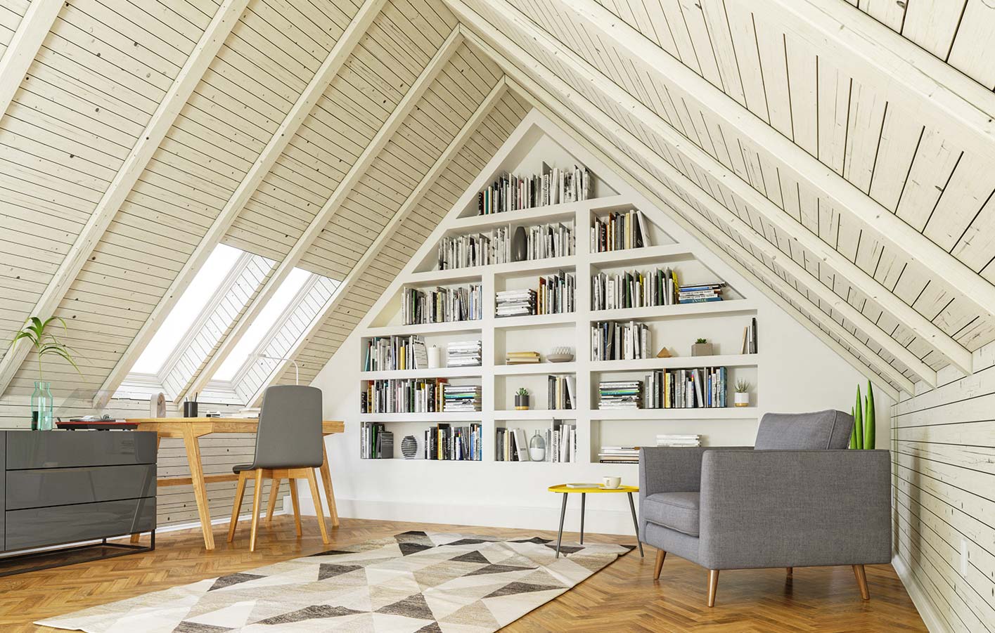 Dachstuhl ausbauen zum Arbeitszimmer mit Holzdecke und Paneel gemütliches Arbeitszimmer im ausgebauten Dachstuhl